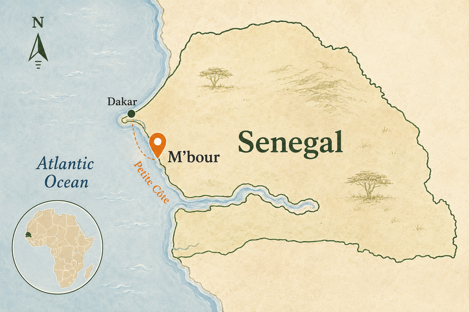Map showing M’bour on Senegal’s Petite Côte, south of Dakar